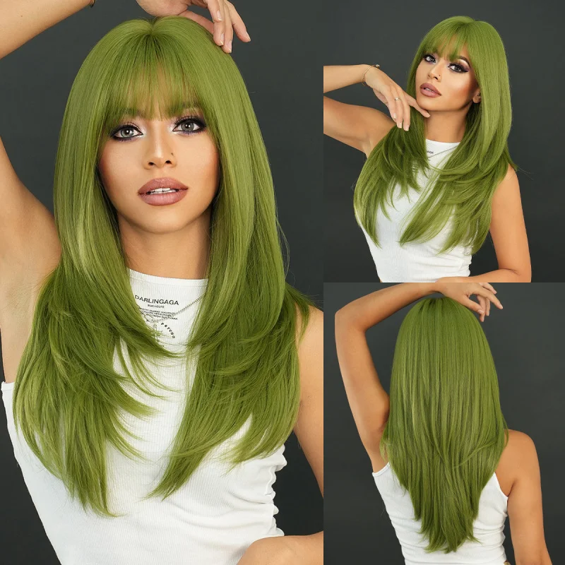 European and American St. Patrick's Day Party , Green Long Straight Women's Wig, High-Layered Synthetic Full Headpiece