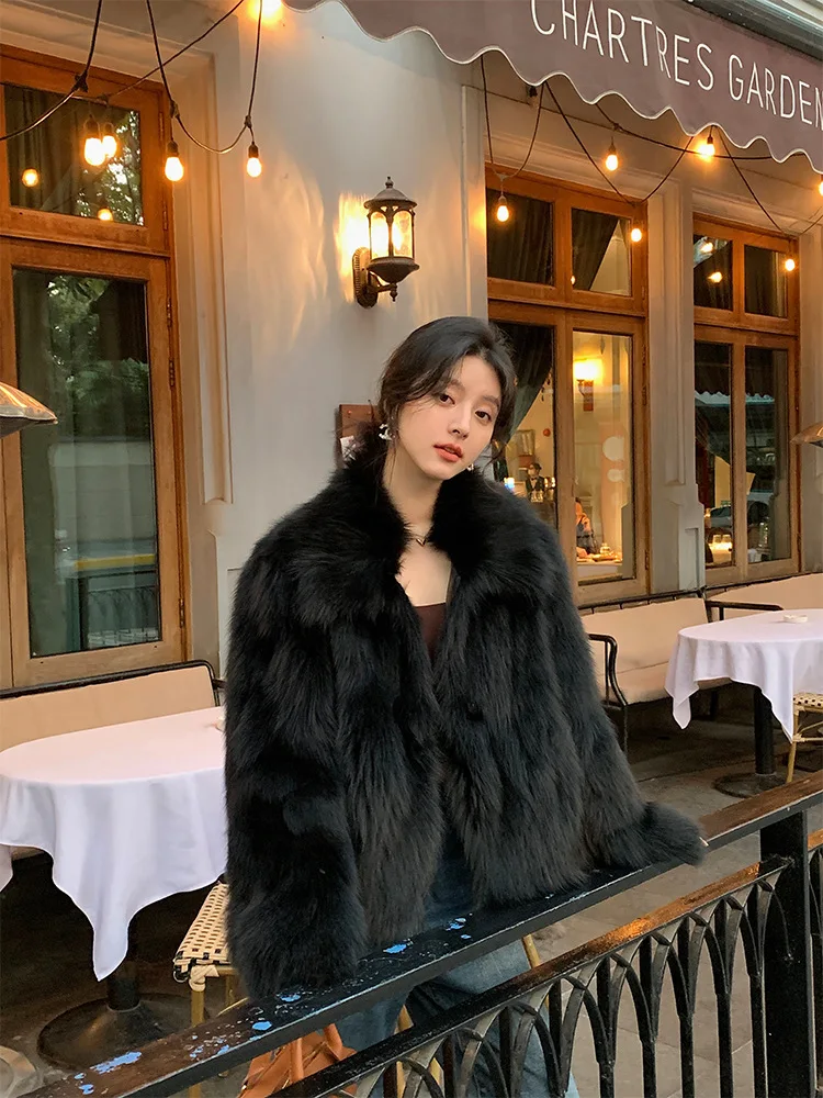 Women Faux Fox Fur Coats Solid Short Jackets Long Sleeves Turn Down Collar Open Stitch Loose Elegant Casual 2026 Autumn Winter