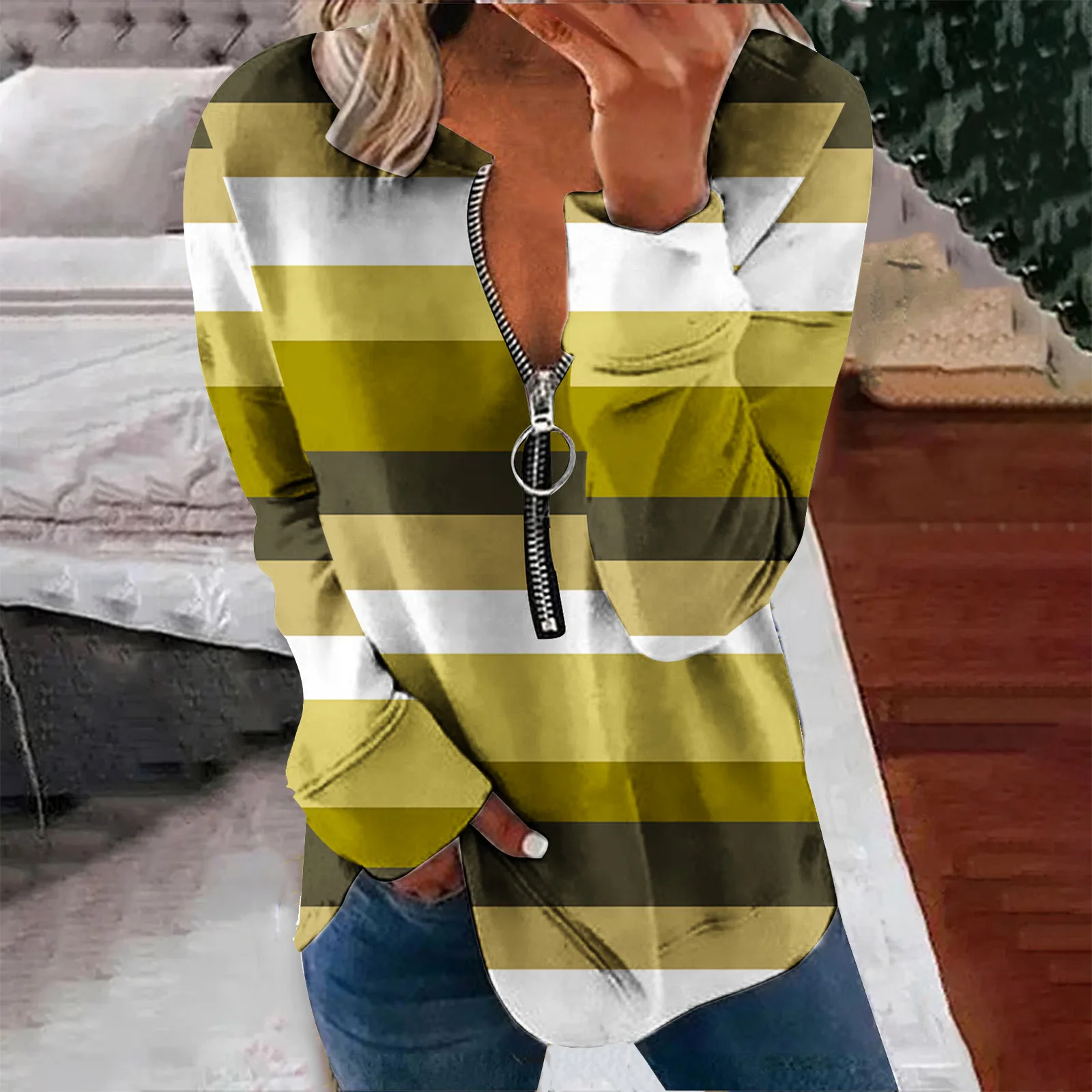 Women's Pullover Sweatshirt Ribbed Zipper Multicolor Printed Half Open Collar Fashion Casual Sweater Outdoor Daily Autumn Tops
