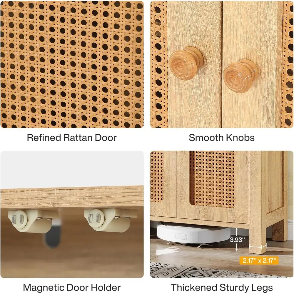 4-Door Rattan Sideboard with Storage for Living Room, Kitchen, or Entryway