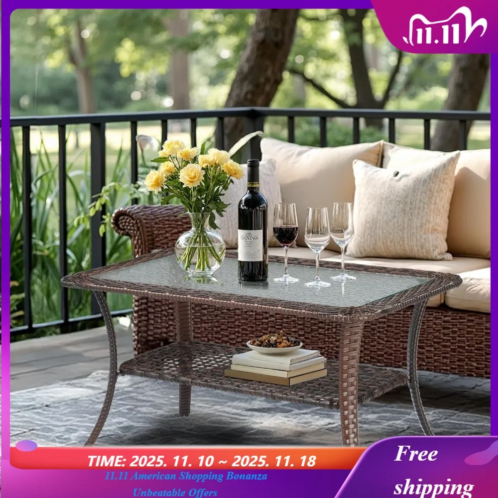 

Уличный журнальный столик с плетеным журнальным столиком для хранения вещей, журнальный столик из закаленного стекла для патио на открытом воздухе на балконе