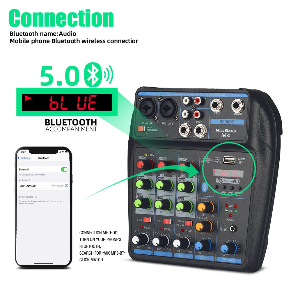 Audio Mixer M4 4 Channel Professional Mixing Console Bluetooth 48V Power Supply for Music Performance Recording Karaoke System