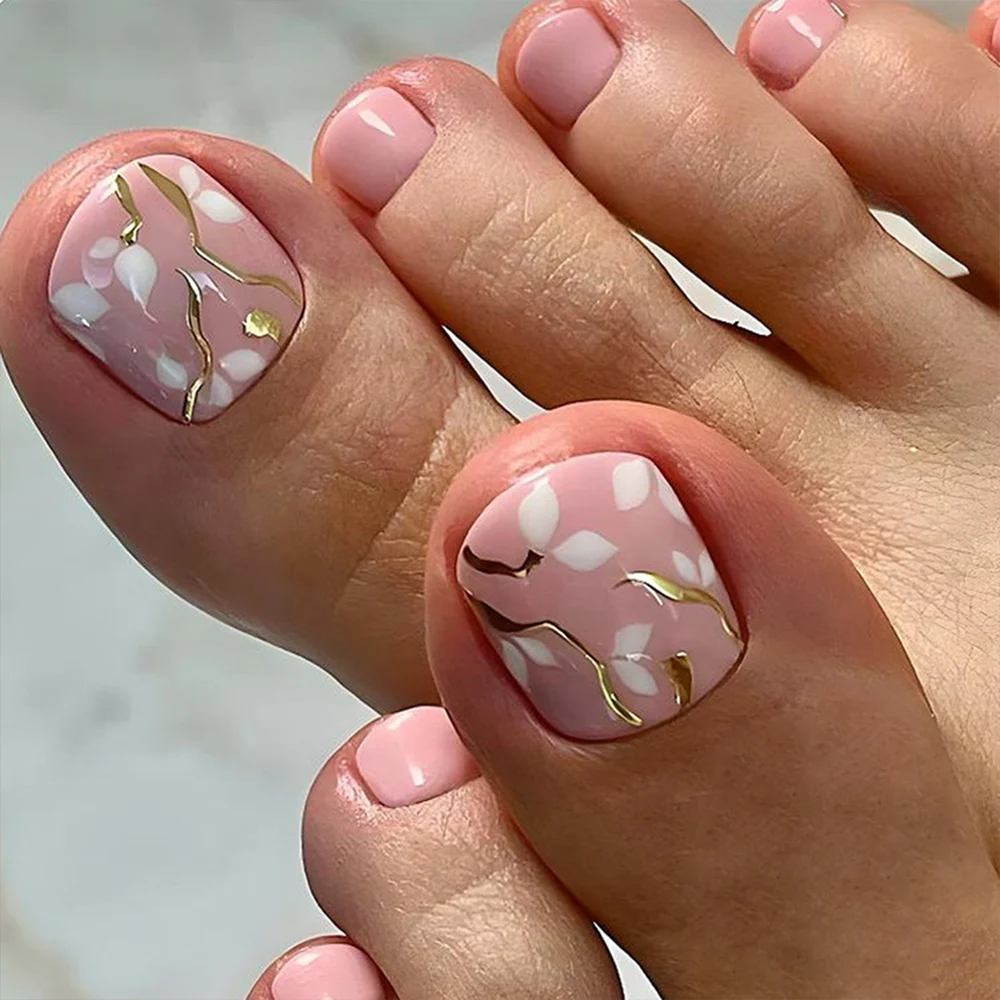 24 Uds. De uñas postizas de diseño francés para uñas postizas de verano, uñas postizas acrílicas reutilizables para uñas decoradas con Kit de