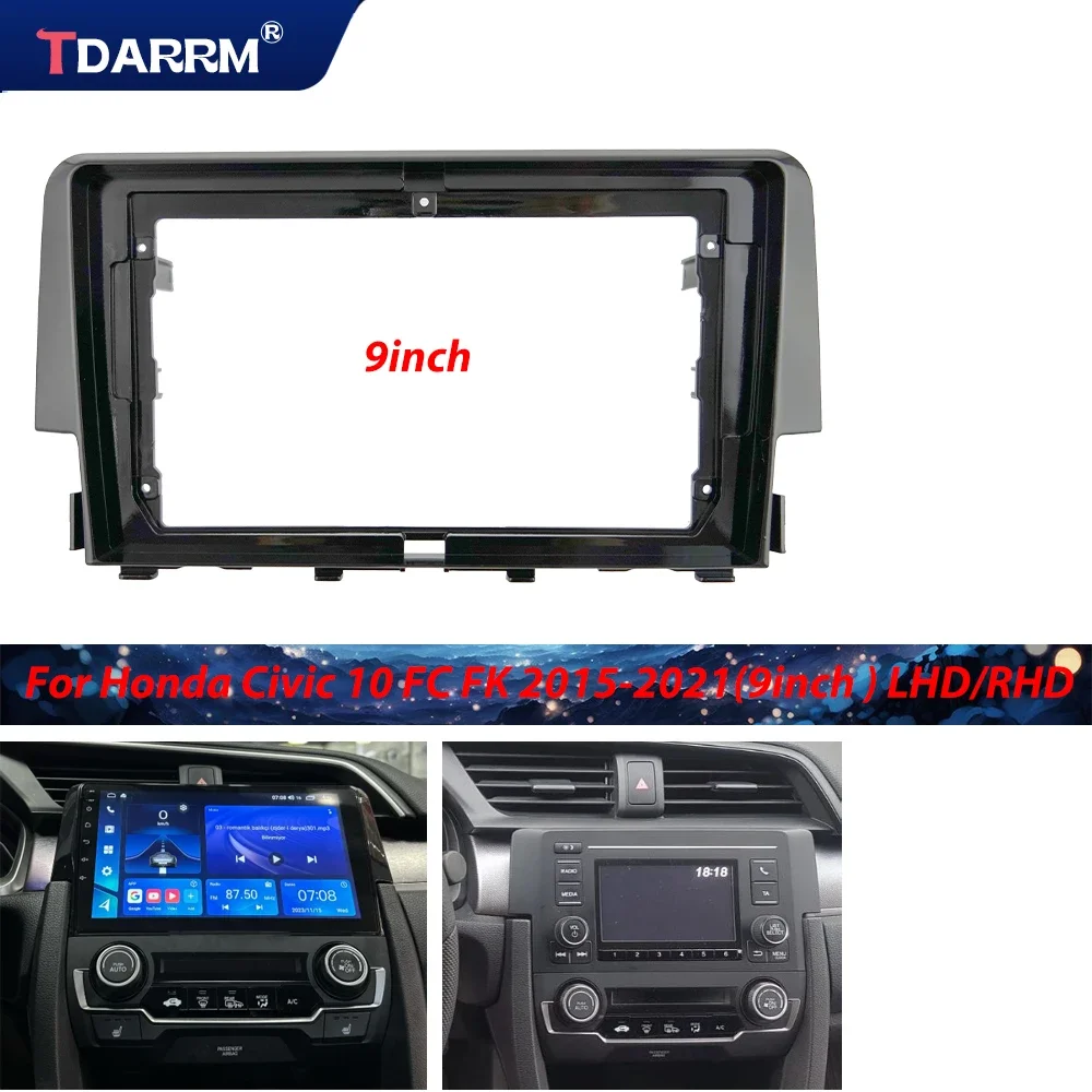 9 inch Car Fascia Frame  For Honda Civic 10 FC FK 2015-2021 Fascia Stereo Panel Mounting Head Unit Canbus Cable Trim Bezel