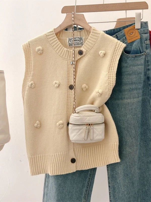 Red Knitted Cardigan Vest Women's Layering Spring Autumn plus Size Beautiful Short Flower 3D Decoration Top Outerwear