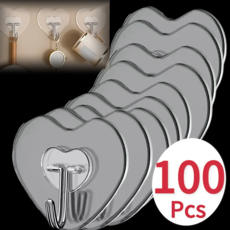 Heart Shape Transparent Hook Non Punching Plastic Love Hangers Holder Self Adhesive Key Towel Multi-Purpose Hook Wall Key Holder