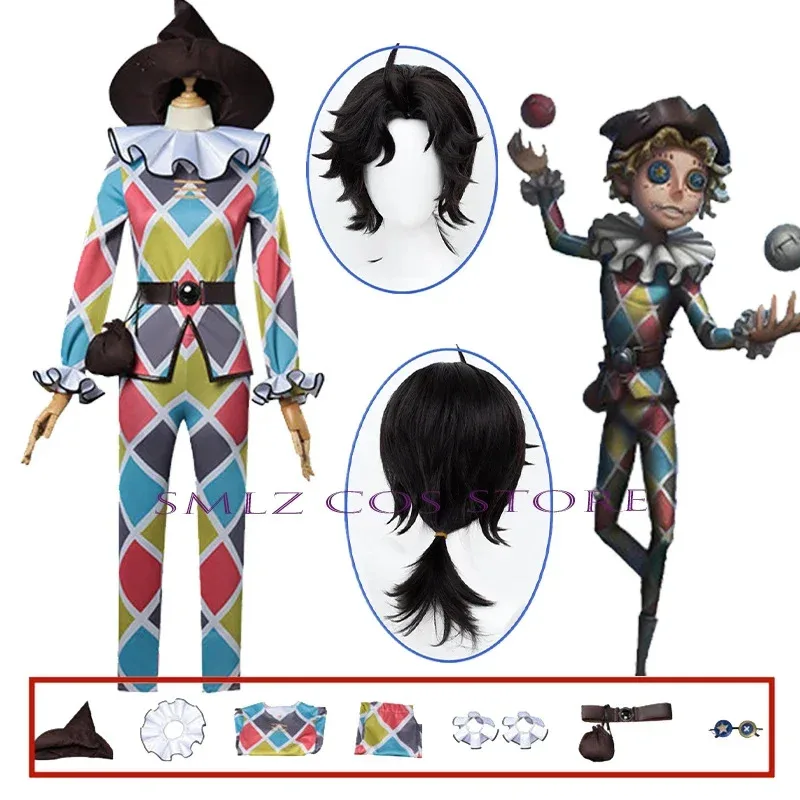 

Mike Morton Cosplay Anime Identity V Costume Clown Acrobat Cosplay Grid Uniform Hat Wig Suit Party Play Outfit for Man Woman