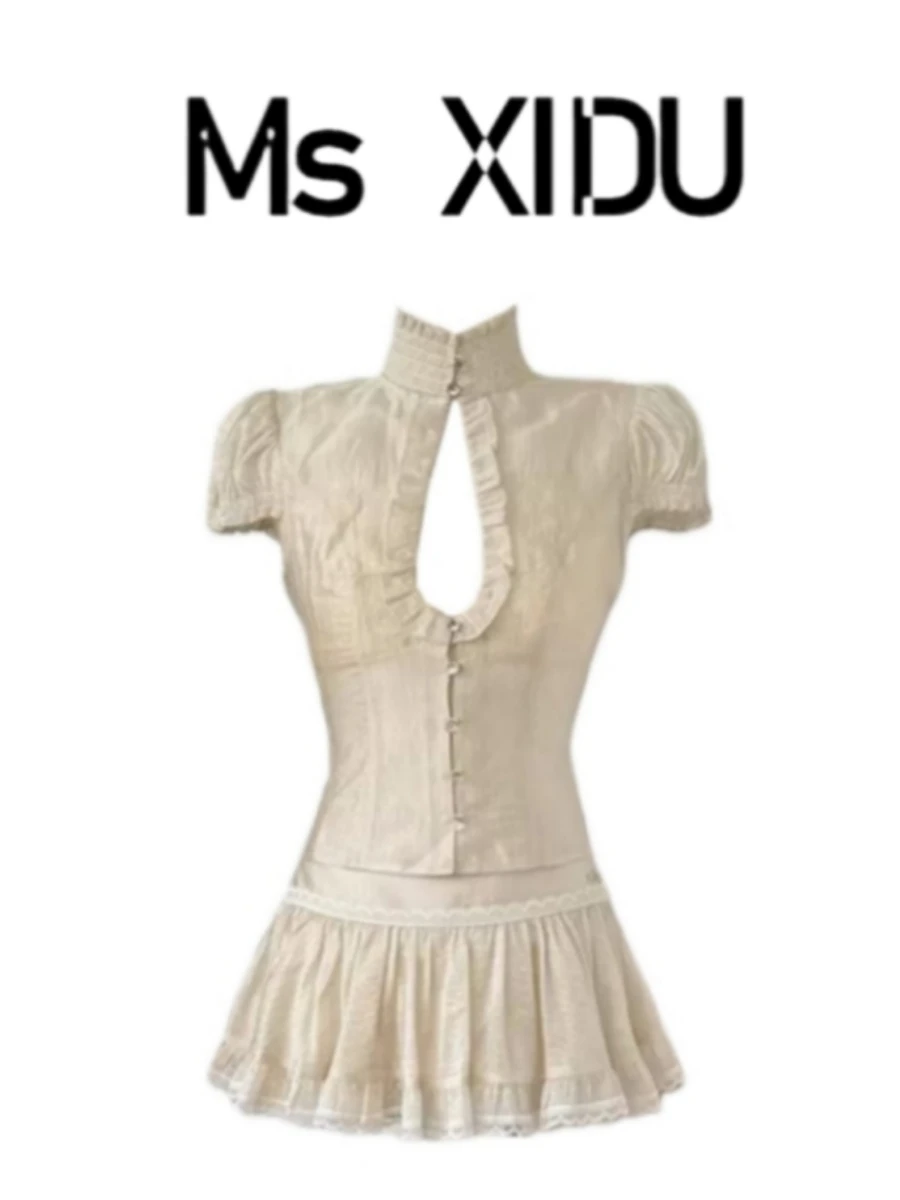 

Ms. Hermit Girl Summer Fashion Set Hollow out Waterdrop Lace Short Sleeve Slim Fit Top with Pleated Skirt Small Dress