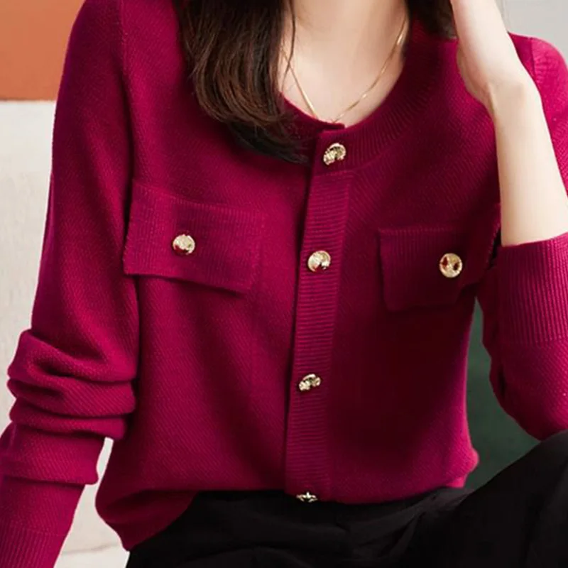 Women Autumn Winter Fashion Simplicity Button Solid Color Knitting Women Clothes Elegant Sweater Cardigan Long Sleeve O-neck Top