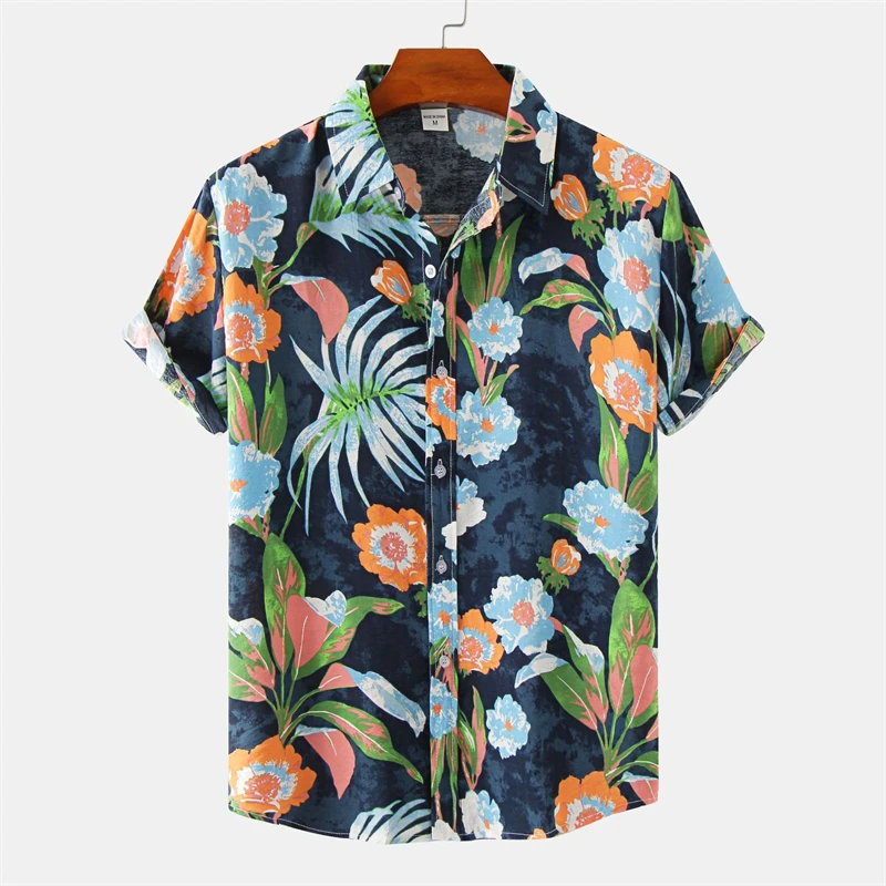 Black and White Flower Printed Men\' shirt Summer Casual Oversize Men Lapel Short Sleeve Fashion Street Shirts Hipster Male