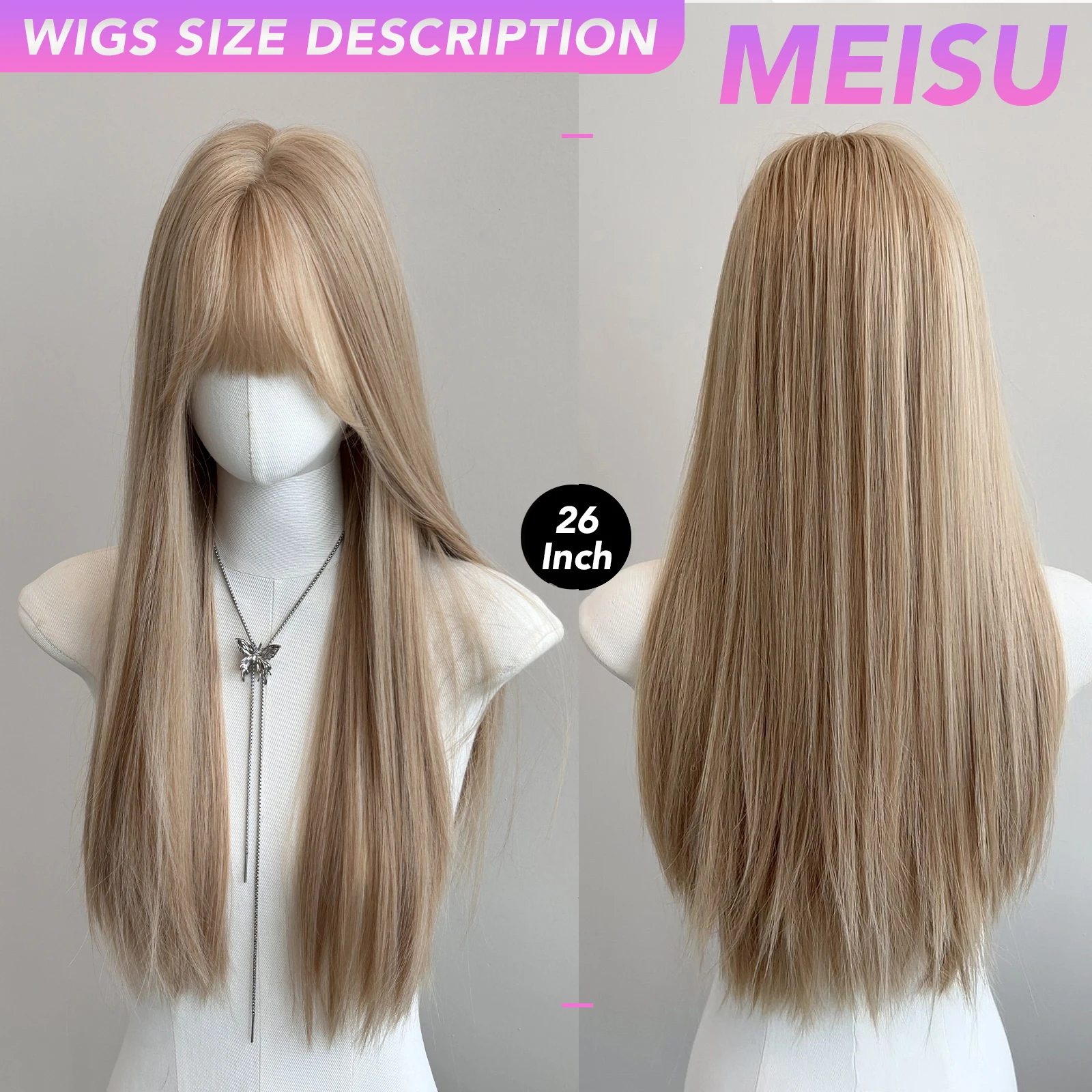 MEISU 26 بوصة شعر مستعار طويل مستقيم الذهب الألياف الاصطناعية الطبقات مقاومة للحرارة شعر طبيعي ناعم للنساء الاستخدام اليومي تأثيري #4