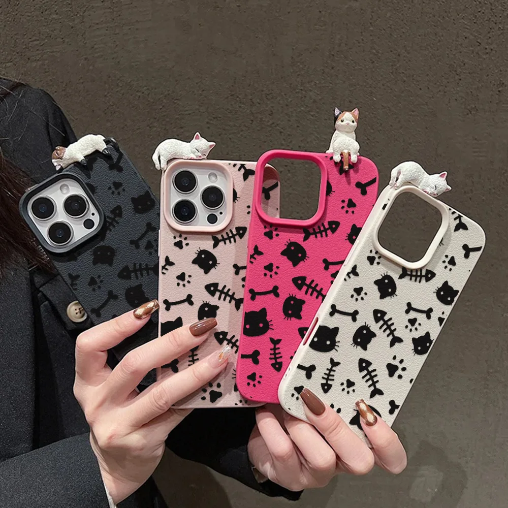 Funda de teléfono con diseño de gato de dibujos animados en 3D para iPhone 17 Pro, funda trasera de silicona con patrón de lichi de aire para iPhone 16 11 13 12 14 15 Pro Max 17