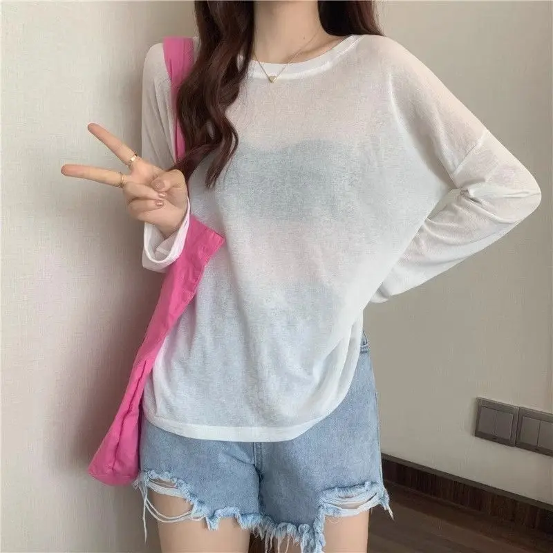 여성용 여름 화이트 루즈핏 긴팔 라운드넥 레이온 니트 탑 가벼운 자외선 차단 다용도 커버업 레이어링 셔츠