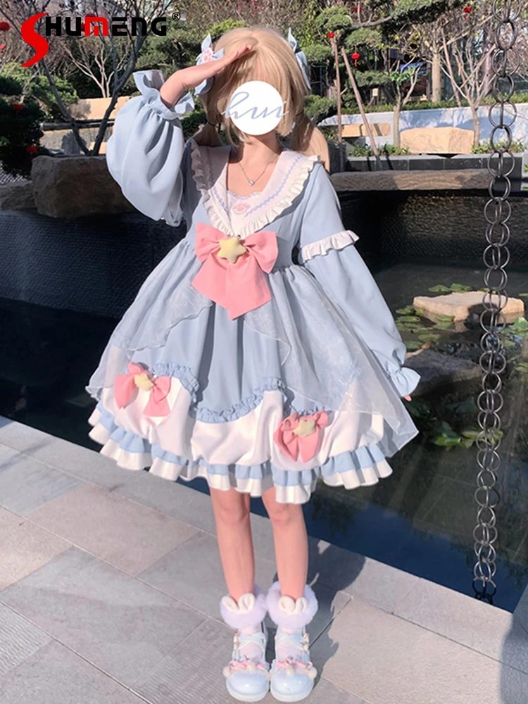 

Japanese Style Elegant Sweet Bow Lolita Dress Trailing Crinoline Sailor Collar Flare Sleeve Kawaii Op Lo Mini Bud Dress Women