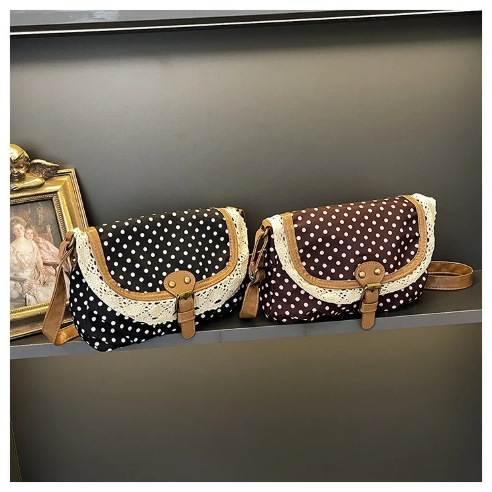 

Fashion Polka Dot Crossboby Bag Vintage Canvas One-Shoulder Bag Lace Trim Casual Commuting Bag for Women