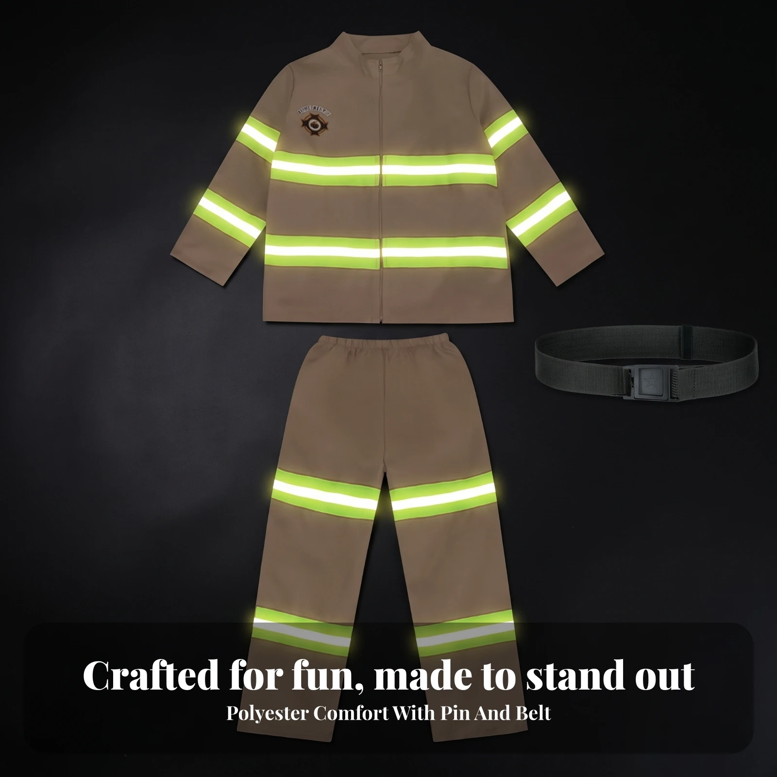 Firefighter Costume Sturdy Fireman Outfit with Belt Firefighter Suit Reflective Uniform Zip-Front for Children, Halloween