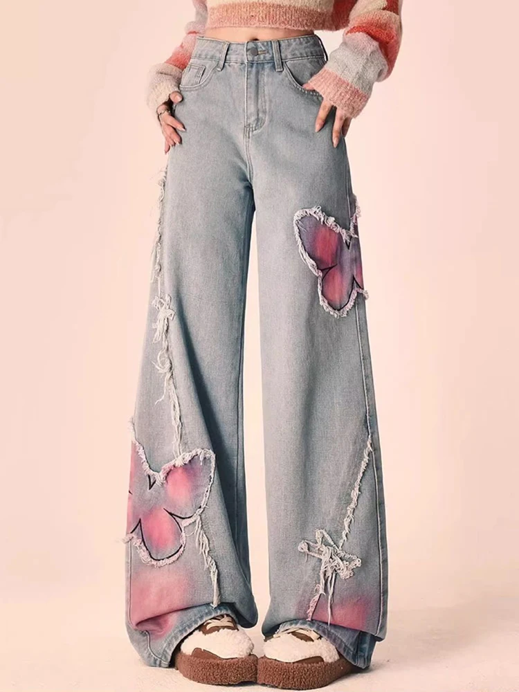 

Korean High Waist Loose Casual Wide Leg Trousers Butterfly Embroidery Cute Jeans Women Vintage Design Sweet Denim Pants