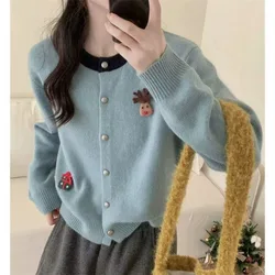 Women Korean Fashion Vintage Contrast Color Funny Cute 3D Cartoon Cardigan Casual Sweet Chic O Neck Long Sleeve Knitted Sweater