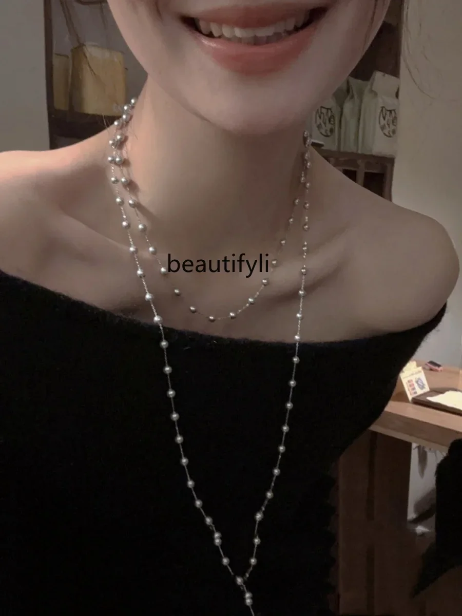 S925 silver long pearl necklace light luxury niche fashion gypsy star design platinum gray sweater chain