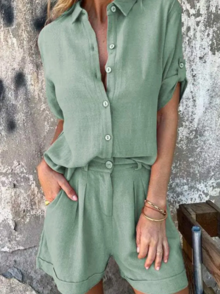 

Повседневный однотонный хлопковый льняной комплект из двух предметов для женщин, модный воротник с лацканами, рубашка с короткими рукавами и пуговицами, топы и шорты, женская одежда