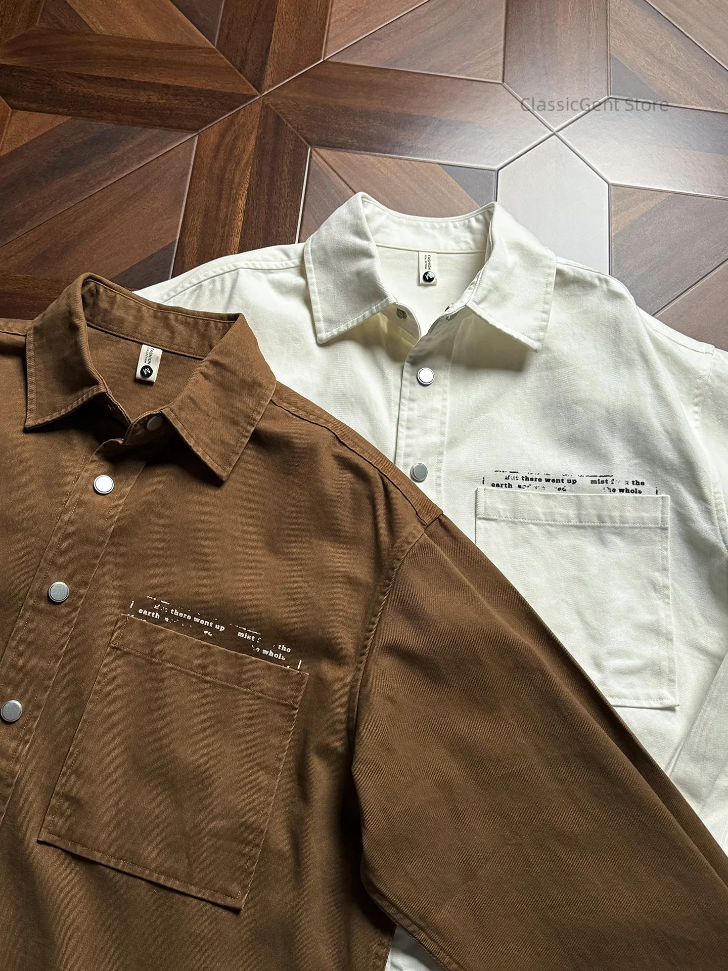 Natural texture chest pouch American retro tooling long-sleeved shirt, pure cotton jacket