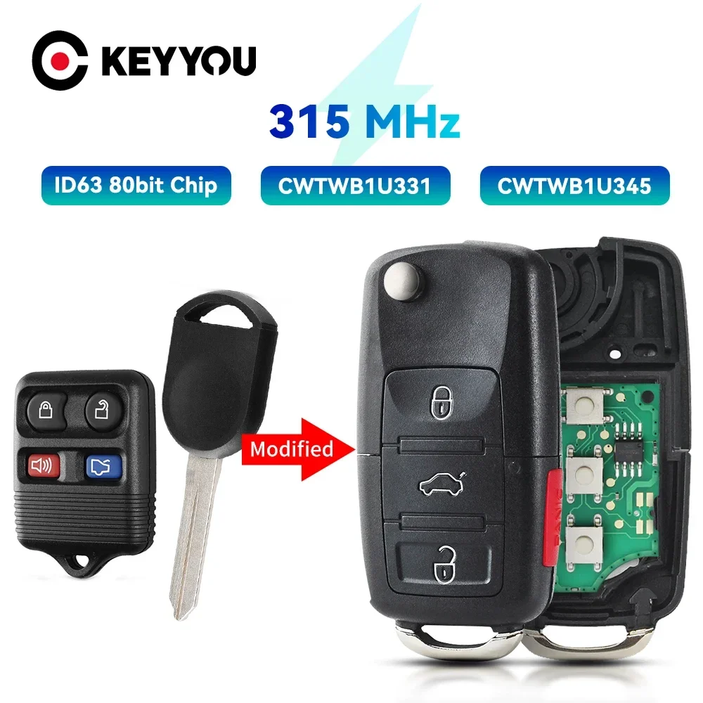 

KEYYOU 1Pcs Modified 315Mhz Folding Remote Car Key For Ford CWTWB1U331 CWTWB1U345 3+1 Buttons With Transponder 4D63 Chip