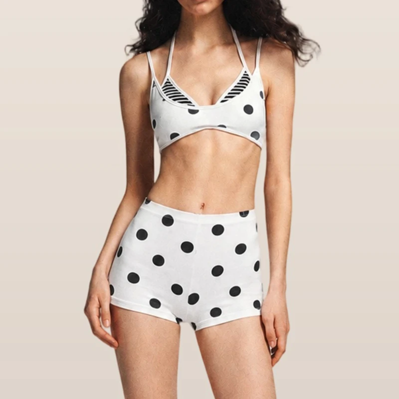 Women Polka Dot 2‑Piece Yoga Set Fake Two‑Piece Halter Sports Bra High Waist Short Leggings Gym Activewear Workout Fitness Set