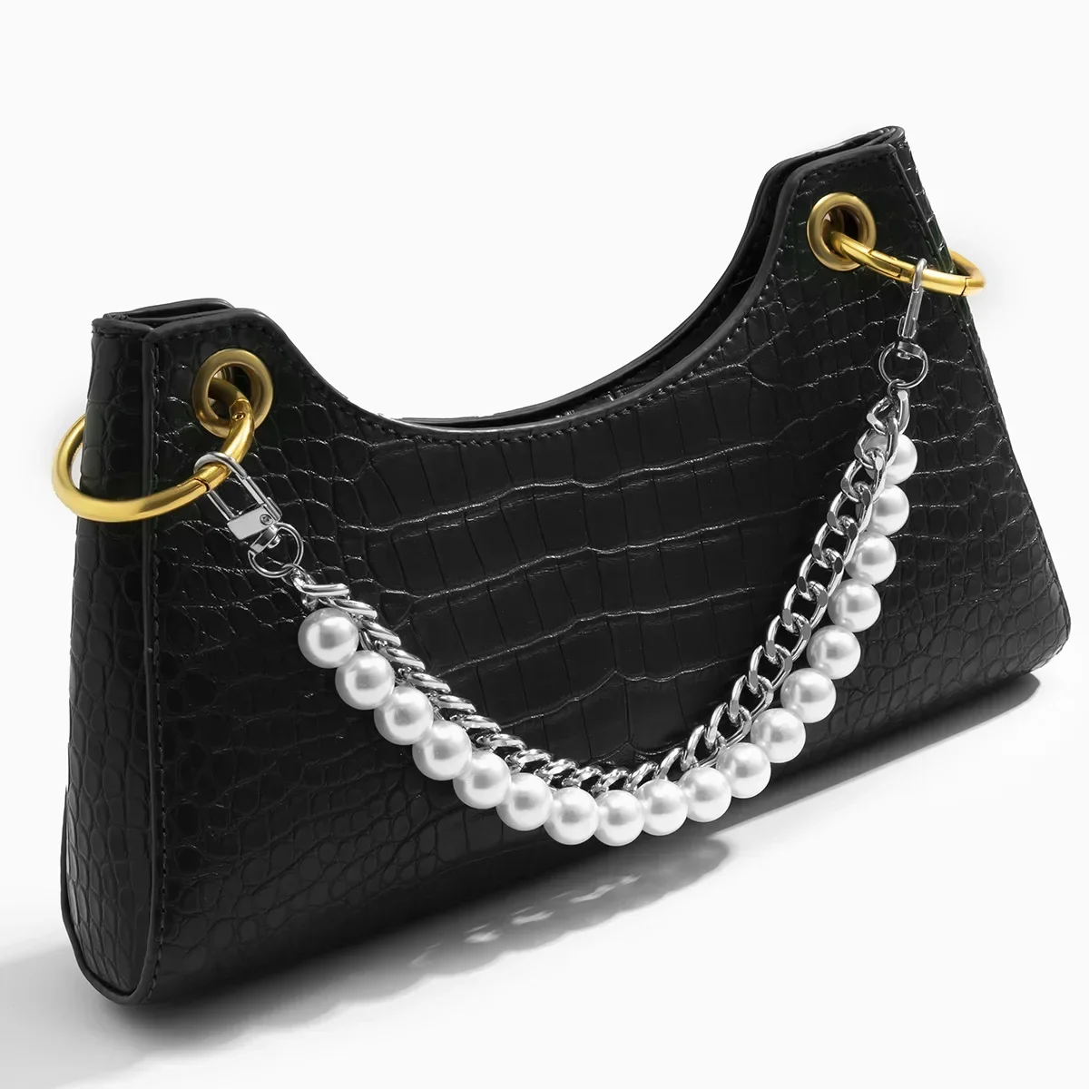 Fashion Trend Aluminum Chain Handbag Beaded Shoulder Chain Vintage Simple Pearl Alloy Buckle Bag Chain