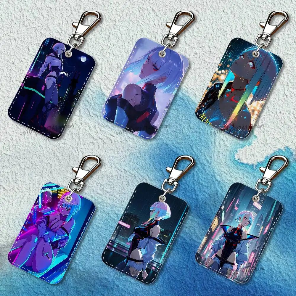 Lucy C-Cyberpunk E-Edgerunners Rectangle Card Case Keychain Access Card Bag Key Tag Ring Leather Card Holder Key Ring Access