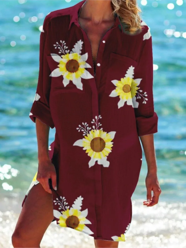 

Boho Floral Print Shirt Lady Fashion Long Sleeve Turn-down Collar Button Loose Shirts Tops For Women Holiday Beach Clothes New