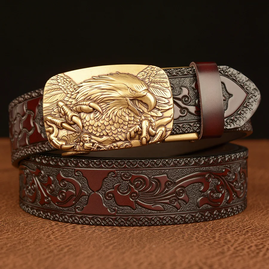 2024 New Eagle Automatic Buckle Belt Emboss Cowskin Belt Quality Men Wasitbad Strap Genuine Leather Gift Business Belt For Jeans