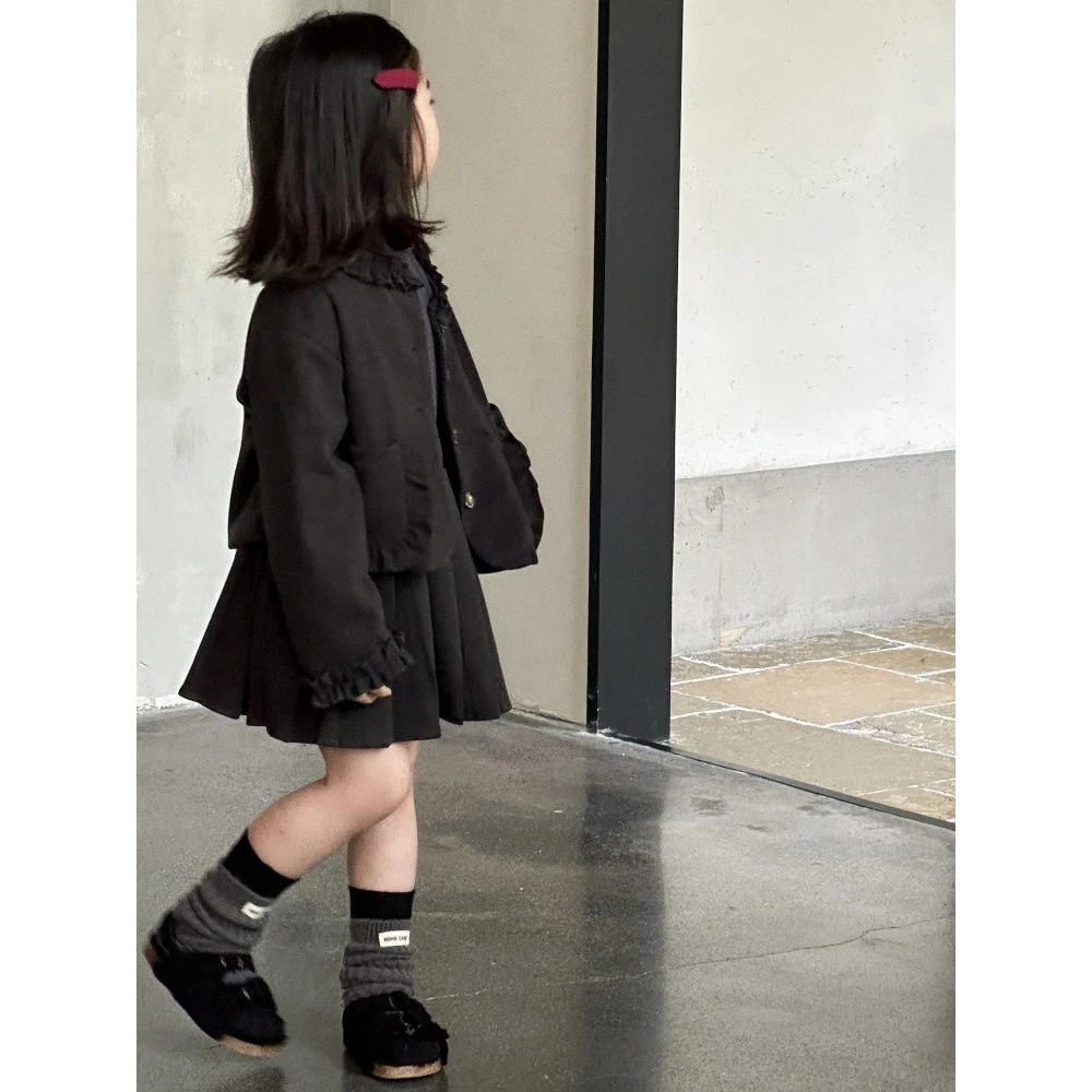 Herbst Neue Mode Spitze Einreiher Langarm Top mit Taschen und Falten Rock Zwei-stück Set für Mädchen casual Kleidung