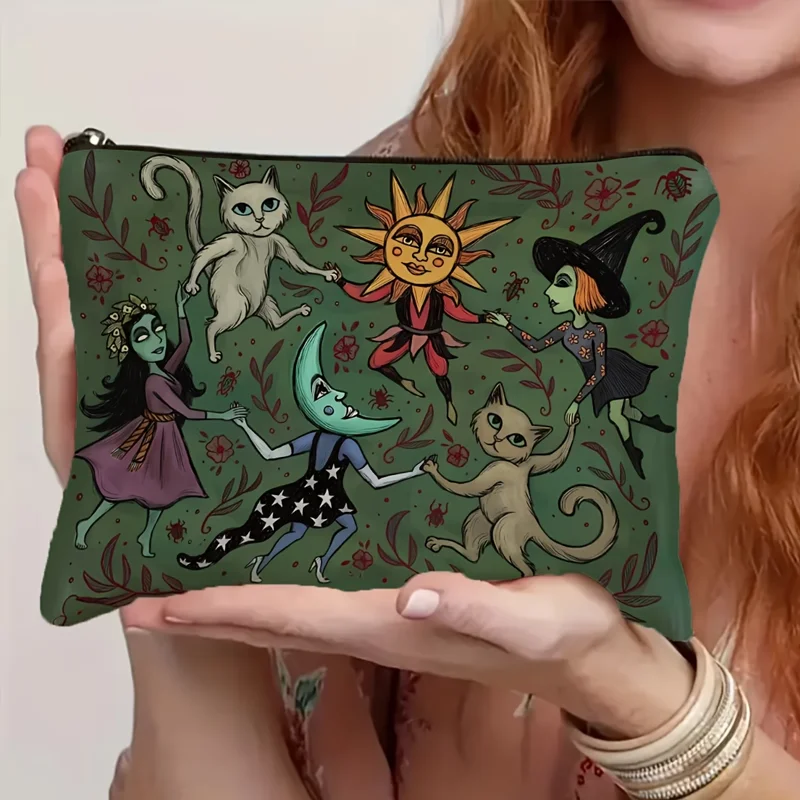 Encantadora Bolsa de Maquillaje con Estampado de Bosque, Bruja, Gato, Luna, Estrellas y Flores, Verde Oscuro, con Cierre, Ligera, Plegable, Hecha a Mano, para Viaje