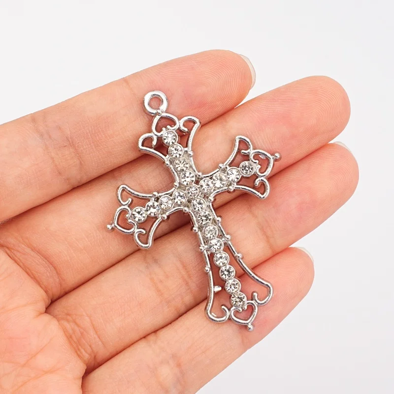 2Pcs Gothic Silver Water Diamond Cross Pendant DIY Jewelry Making Necklace Bracelet Accessories Craft Supplies