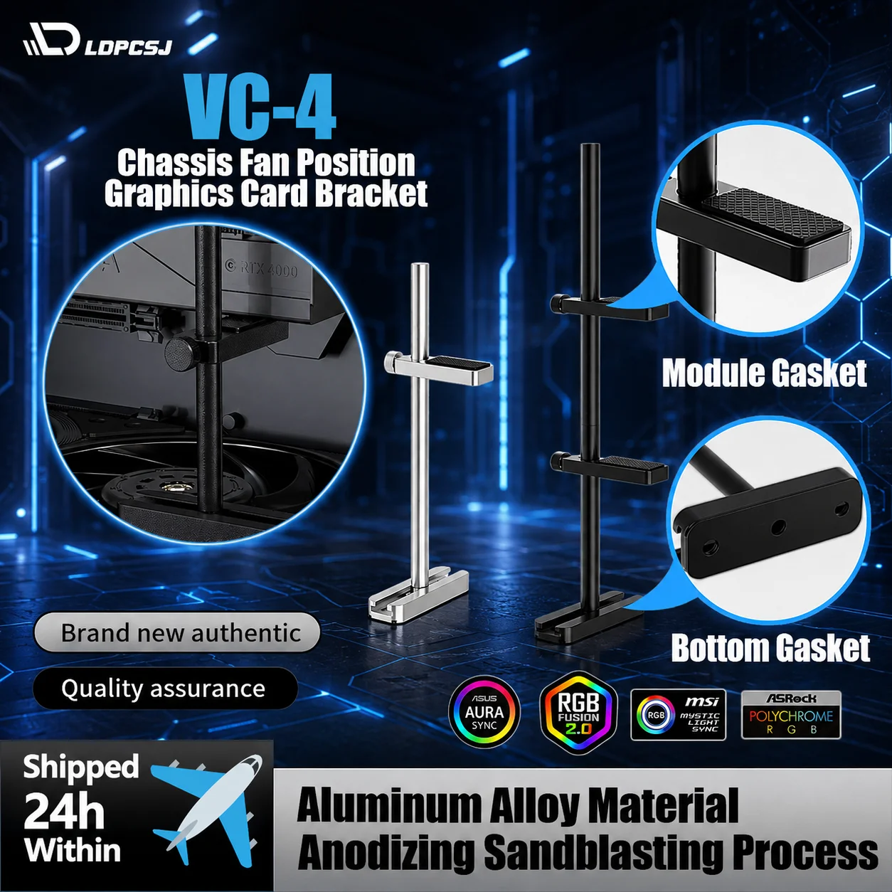 VC-4 Aluminum Alloy Adjustable Graphics Card Bracket - GPU Video Card Holder Support for ITX/ATX Desktop PC Case Accessories