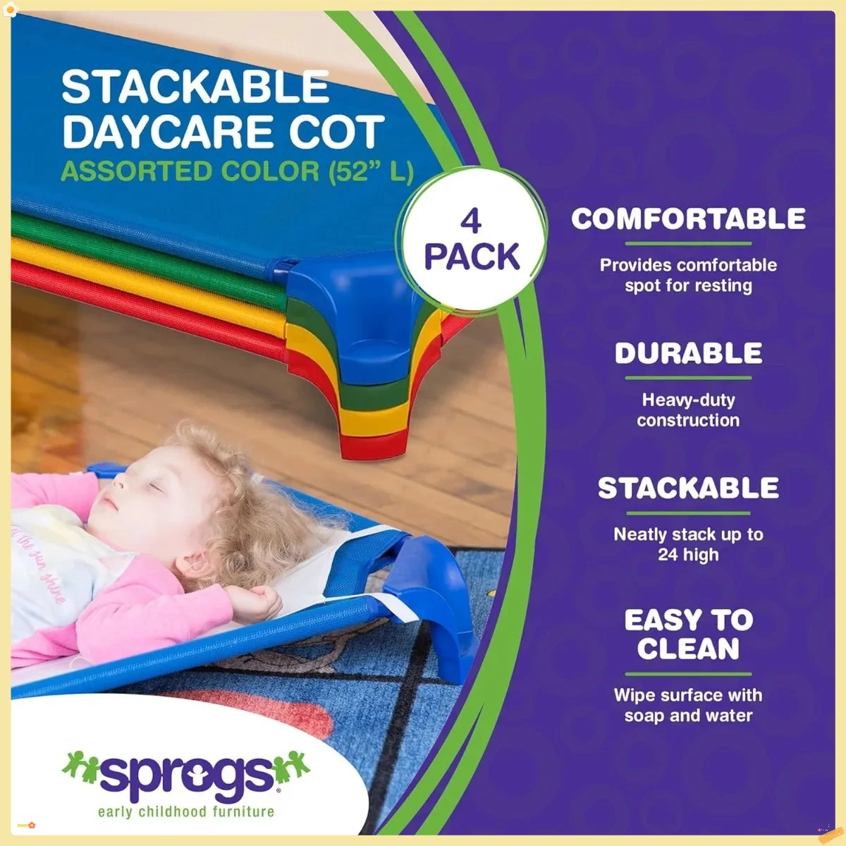 52インチ スタッカブル保育園用簡易ベッド、4個パック、アソートカラー、お昼寝用