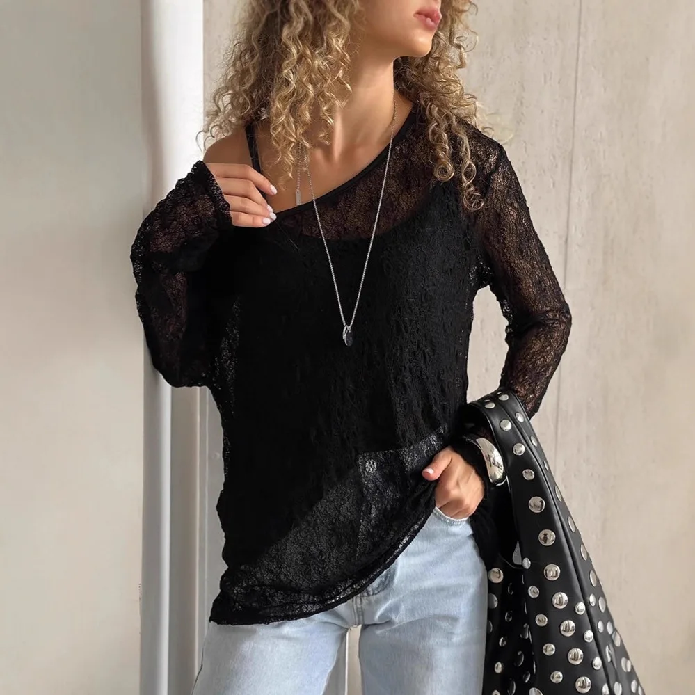 

Сексуальная кружевная осенняя женская футболка, черный пуловер с круглым вырезом и открытыми плечами, футболки с длинными рукавами для женщин, горячая девушка, бар, вечерние женские топы