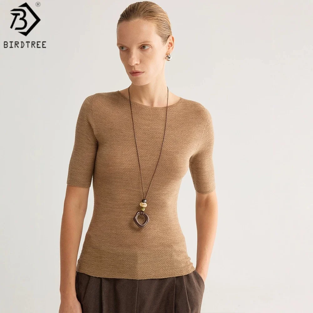 Birdtree, 100% Sheep Wool Basics Sweater, Short Sleeve O-neck Tops, Women's Knitted Slim Seamless Shirt, 2026 New T68218JF
