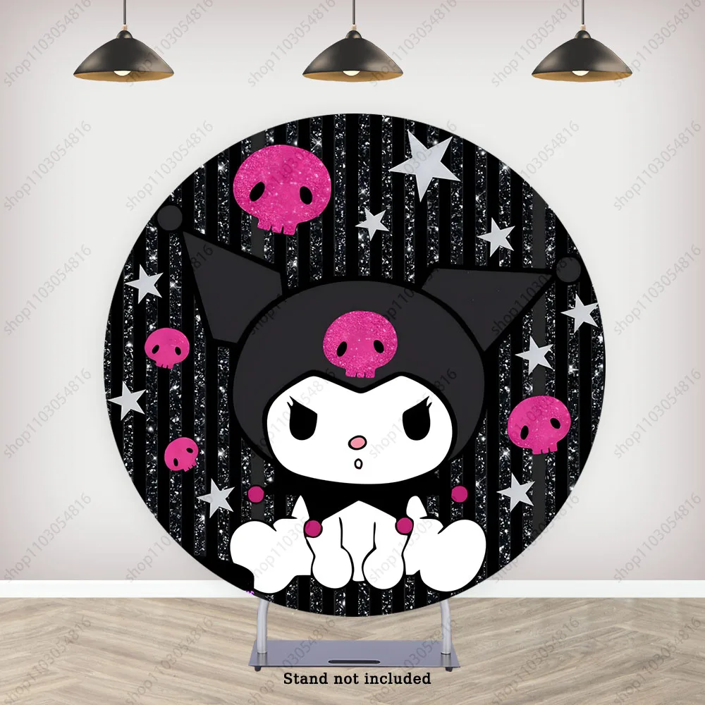 Kuromi Theme Round Backdrop Cover For Girls Purple Birthday Baby Shower Cute Circle Photo Background Elastic PhotoCall Covers