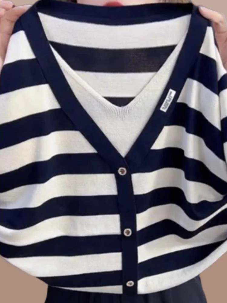 Striped Fake Two-piece Knitted T-shirt For Summer 2026 Women's Ice Silk Short Sleeved T-shirt Loose Large Size V-neck Top