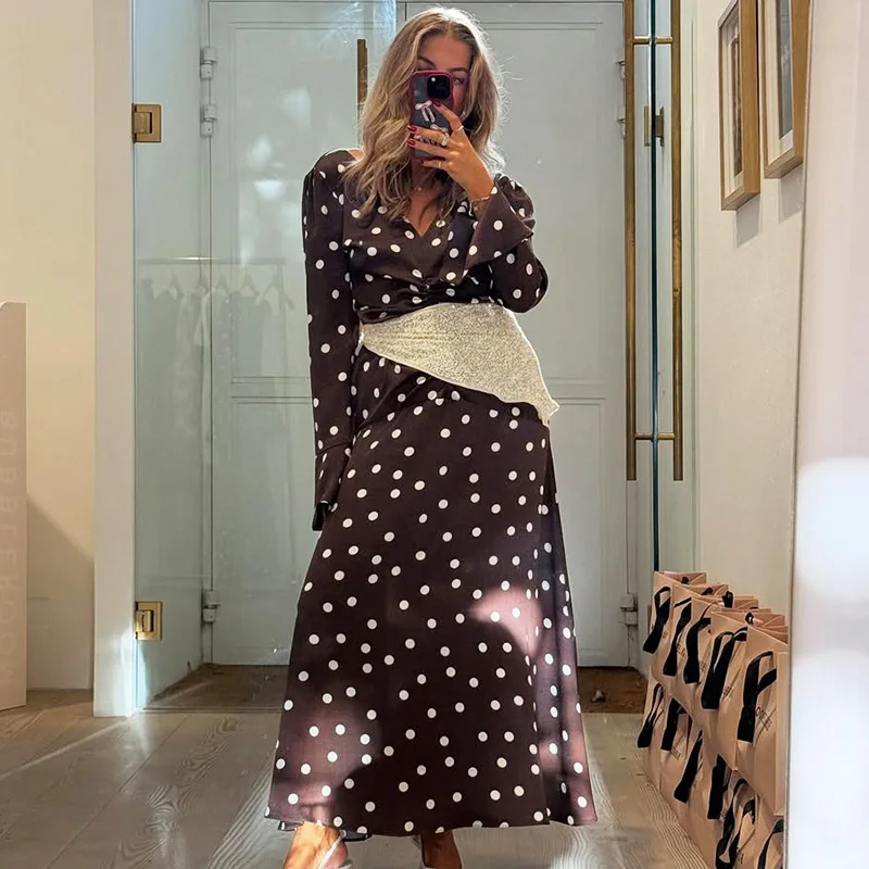 Ticketsx Elegant Polka Dot Long Dress Women's Fashion V-Neck Contrast Ruched Patchwork Slim Dress Vintage Party Vacation Dresses