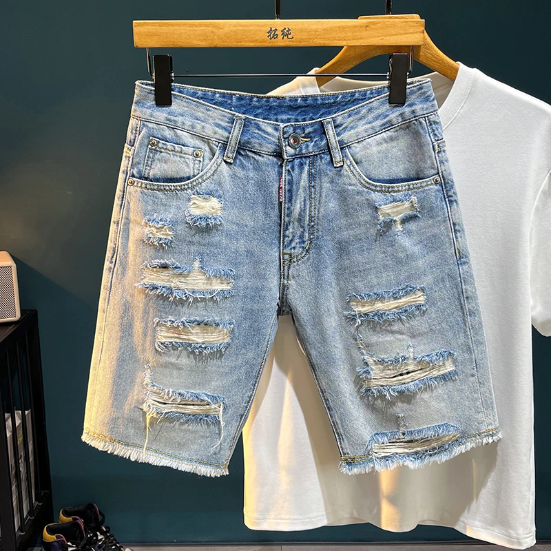 

TC173 High Street Tide Jeans Men's Hole Breaking Tide Stretch Slimming Embroidery Patch Mid Trousers