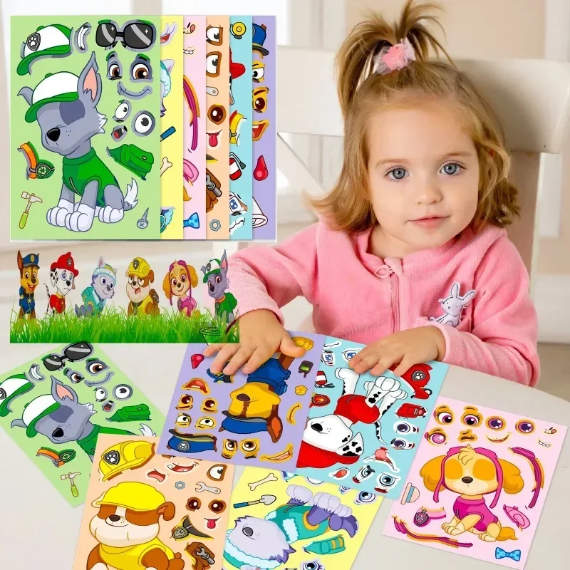 6pcs/set Paw Patrol Toy Diy Face Swap Puzzle Sticker Stickers Assemble Jigsaw Anime Figure Chase Make A Face Kids Birthday Gifts