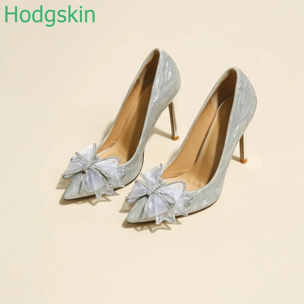 

Silver Pointed Toe Butterfly Knot Wedding Shoes Sequined Cloth Bling Riband Women Shoes Shallow 6-10cm Thin Heels Party Shoes