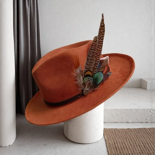 Imagen 1 del producto Sombrero de gamuza color caramelo, sombrero fedora DIY, pequeño sombrero vuelto para hombre, sombrero de jazz retro, sombrero de juego de rol para mujer, sombrero para hombre, gorras para hombres
