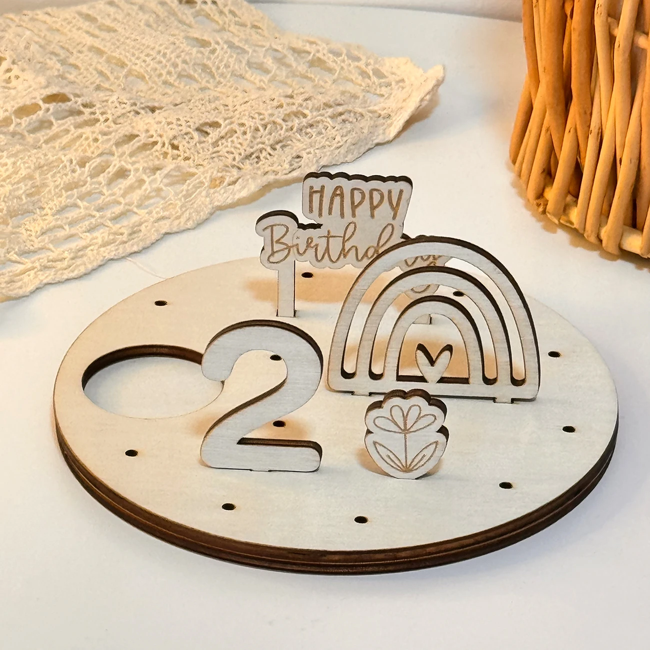 

Wooden Birthday Centerpiece with Rainbow & Numbers - 15cm Party Table Decor for 1st, 2nd, 3rd Birthday Celebration