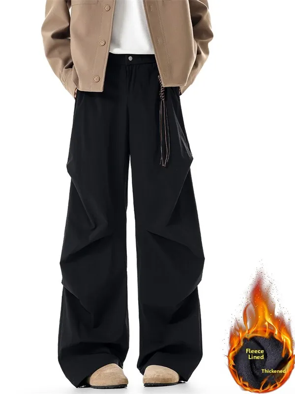 

Black Cleanfit American Flared Trousers Men's Winter Fleece Lined High Street Vibe Pants Dungaree Straight Leg Trousers