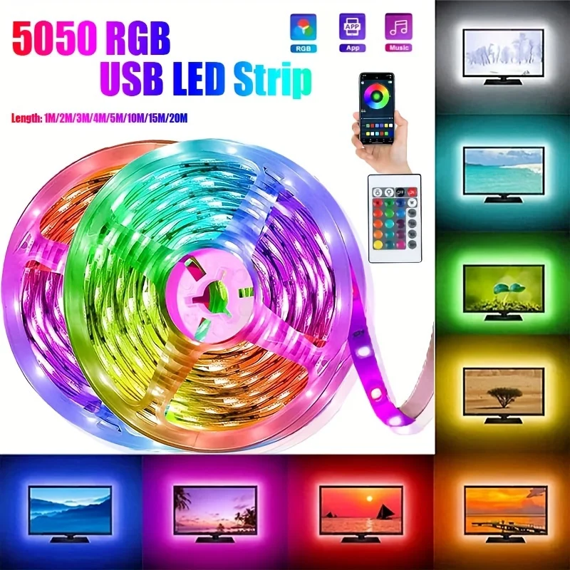 Bande lumineuse LED RGB 5050, 1-5M, couleur changeante, Bluetooth, contrôle par application, lampe à Diode, ruban pour décoration de chambre, rétro-éclairage TV