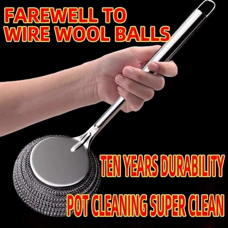 Long Handle Stainless Steel Pot Brush Anti-scratch Metal Wire Scrubber Non-stick Oil Cleaner for Kitchen Pan Cookware