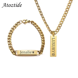 Atoztide Personalized Engraved Punk Cuban Chain Bracelet Necklace Jewelry Set Pendant Stainless Steel For Men Birthday Gift